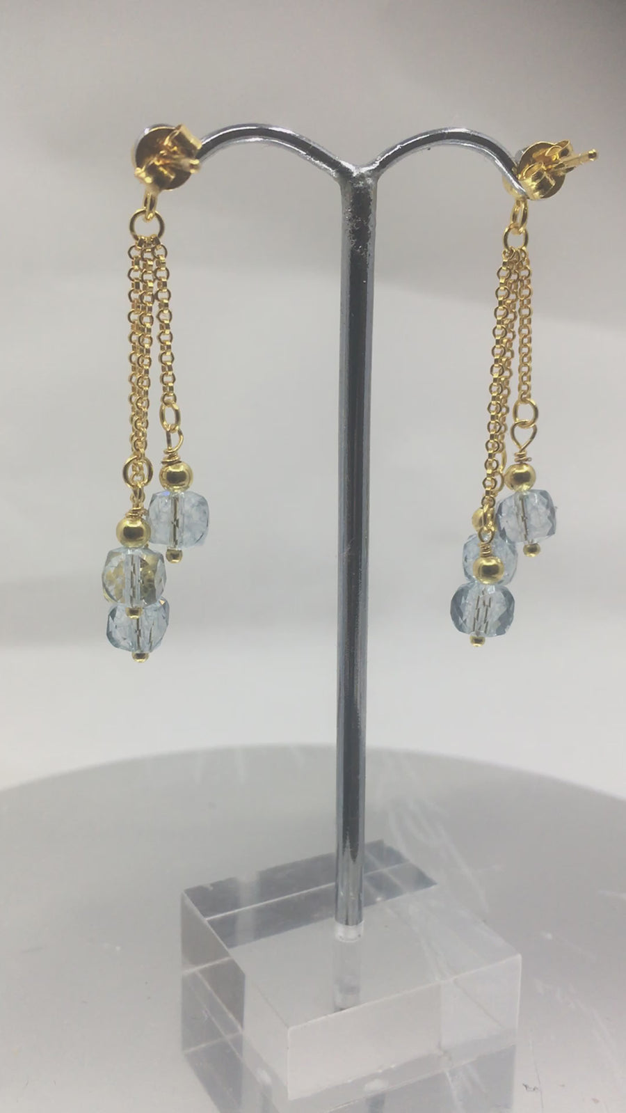 Sky blue topaz waterfall earrings with three cubes per earring measuring 4mm