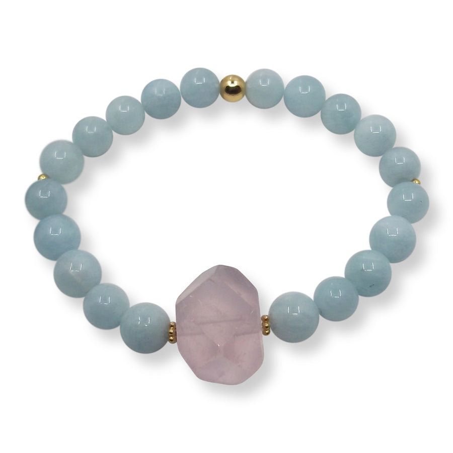 aquamarine and rose quartz bracelet with 8mm round stones and 13x11mm accented rose quartz, wedding day gift, gift for mother, gift for her, girlfriend gift, gift for wife, gift idea, gift for her
